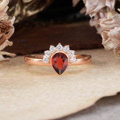 Unique Pear Cut Halo Garnet Engagement Ring Bezel Cluster Ring