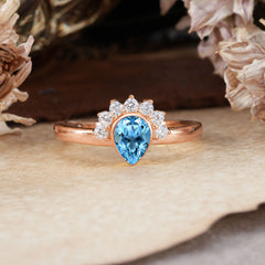 Unique Pear Cut Halo Aquamarine Engagement Ring Bezel Cluster Ring