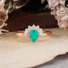 Unique Pear Cut Halo Emerald Engagement Ring Bezel Cluster Ring