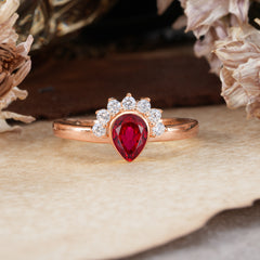 Unique Pear Cut Halo Ruby Engagement Ring Bezel Cluster Ring