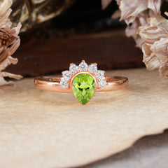 Unique Pear Cut Halo Peridot Engagement Ring Bezel Cluster Ring