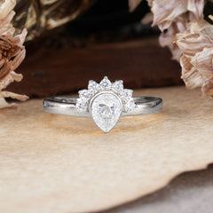 Unique Pear Cut Halo Moissanite Engagement Ring Bezel Cluster Ring