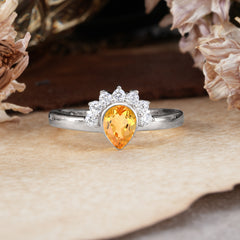 Unique Pear Cut Halo Citrine Engagement Ring Bezel Cluster Ring
