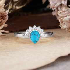 Unique Pear Cut Halo Turquoise Engagement Ring Bezel Cluster Ring