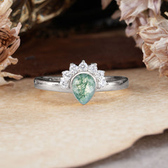 Unique Pear Cut Halo Moss Agate Engagement Ring Bezel Cluster Ring