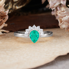 Unique Pear Cut Halo Emerald Engagement Ring Bezel Cluster Ring