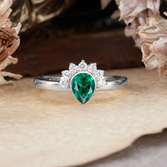 Unique Pear Cut Halo Emerald Engagement Ring Bezel Cluster Ring