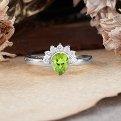 Unique Pear Cut Halo Peridot Engagement Ring Bezel Cluster Ring