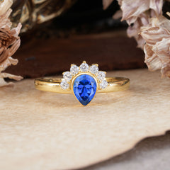 Unique Pear Cut Halo Sapphire Engagement Ring Bezel Cluster Ring