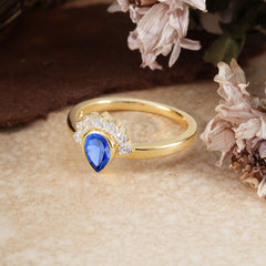Unique Pear Cut Halo Sapphire Engagement Ring Bezel Cluster Ring