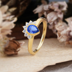 Unique Pear Cut Halo Sapphire Engagement Ring Bezel Cluster Ring