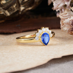Unique Pear Cut Halo Sapphire Engagement Ring Bezel Cluster Ring