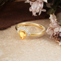Unique Pear Cut Halo Citrine Engagement Ring Bezel Cluster Ring