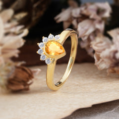 Unique Pear Cut Halo Citrine Engagement Ring Bezel Cluster Ring