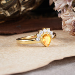 Unique Pear Cut Halo Citrine Engagement Ring Bezel Cluster Ring