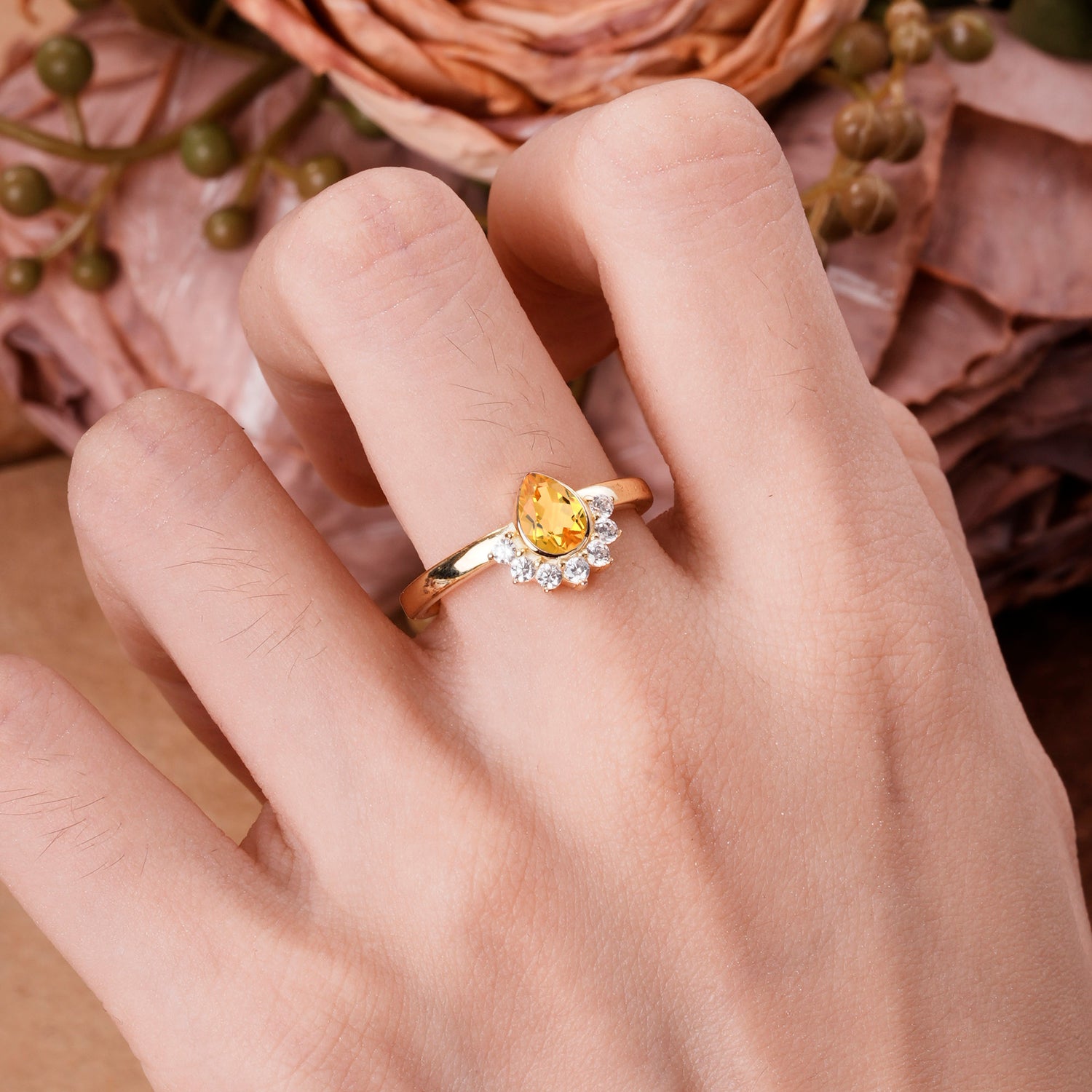 Unique Pear Cut Halo Citrine Engagement Ring Bezel Cluster Ring