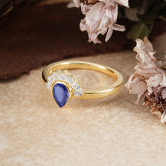 Unique Pear Cut Halo Tanzanite Engagement Ring Bezel Cluster Ring