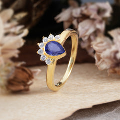 Unique Pear Cut Halo Tanzanite Engagement Ring Bezel Cluster Ring