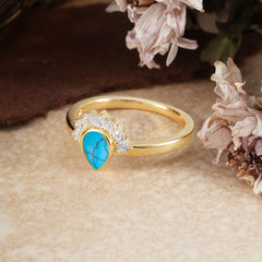 Unique Pear Cut Halo Turquoise Engagement Ring Bezel Cluster Ring