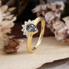 Unique Pear Cut Halo Black Rutilated Quartz Engagement Ring Bezel Cluster Ring