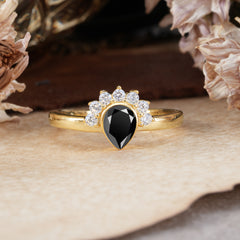 Unique Pear Cut Halo Black Onyx Engagement Ring Bezel Cluster Ring