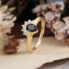 Unique Pear Cut Halo Black Onyx Engagement Ring Bezel Cluster Ring