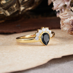 Unique Pear Cut Halo Black Onyx Engagement Ring Bezel Cluster Ring