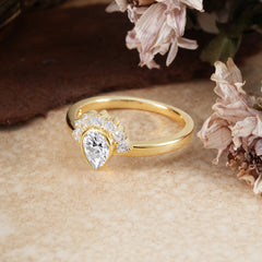 Unique Pear Cut Halo Lab Diamond Engagement Ring Bezel Cluster Ring