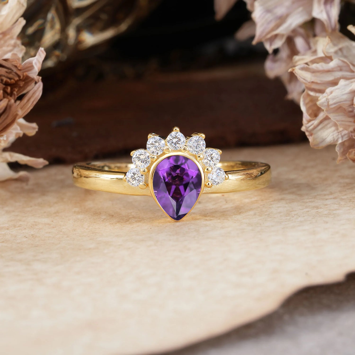 Unique Pear Cut Halo Amethyst Engagement Ring Bezel Cluster Ring
