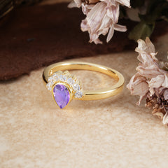 Unique Pear Cut Halo Amethyst Engagement Ring Bezel Cluster Ring