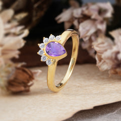 Unique Pear Cut Halo Amethyst Engagement Ring Bezel Cluster Ring