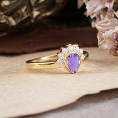 Unique Pear Cut Halo Amethyst Engagement Ring Bezel Cluster Ring