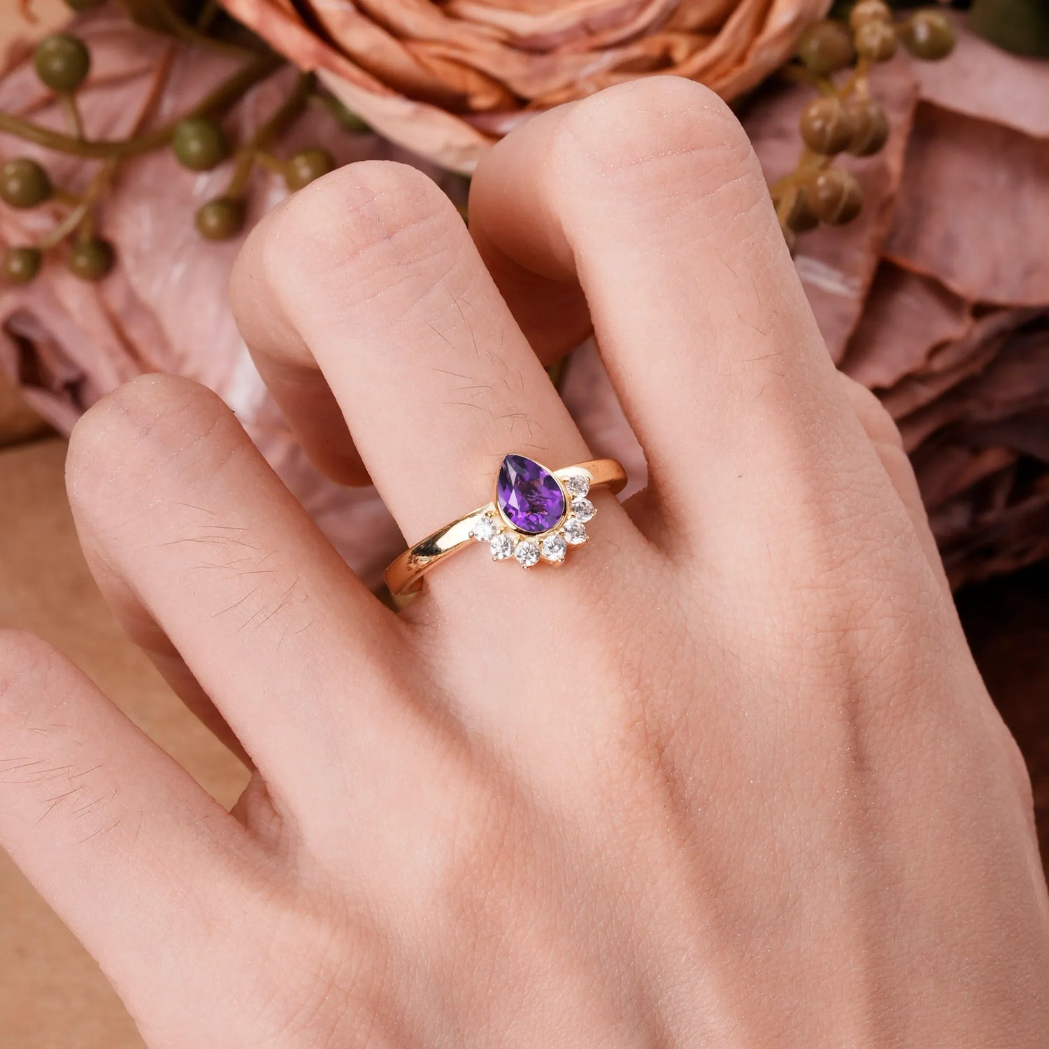 Unique Pear Cut Halo Amethyst Engagement Ring Bezel Cluster Ring