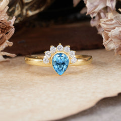 Unique Pear Cut Halo Aquamarine Engagement Ring Bezel Cluster Ring
