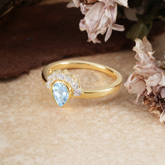Unique Pear Cut Halo Aquamarine Engagement Ring Bezel Cluster Ring