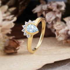 Unique Pear Cut Halo Aquamarine Engagement Ring Bezel Cluster Ring