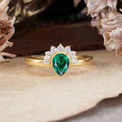 Unique Pear Cut Halo Emerald Engagement Ring Bezel Cluster Ring