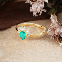 Unique Pear Cut Halo Emerald Engagement Ring Bezel Cluster Ring