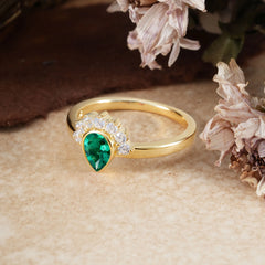 Unique Pear Cut Halo Emerald Engagement Ring Bezel Cluster Ring