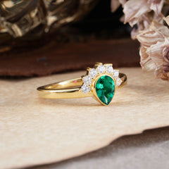 Unique Pear Cut Halo Emerald Engagement Ring Bezel Cluster Ring