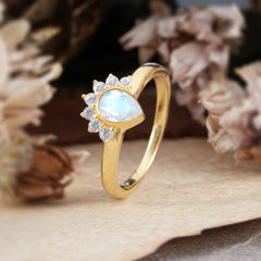 Unique Pear Cut Halo Moonstone Engagement Ring Bezel Cluster Ring