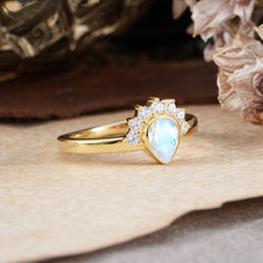 Unique Pear Cut Halo Moonstone Engagement Ring Bezel Cluster Ring