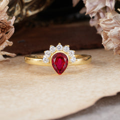 Unique Pear Cut Halo Ruby Engagement Ring Bezel Cluster Ring