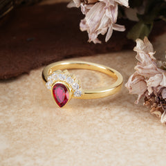 Unique Pear Cut Halo Ruby Engagement Ring Bezel Cluster Ring