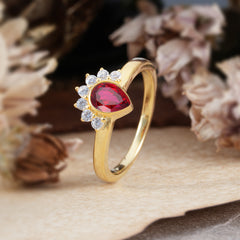 Unique Pear Cut Halo Ruby Engagement Ring Bezel Cluster Ring