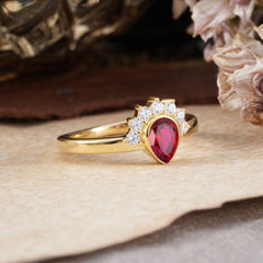 Unique Pear Cut Halo Ruby Engagement Ring Bezel Cluster Ring