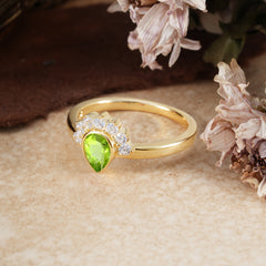 Unique Pear Cut Halo Peridot Engagement Ring Bezel Cluster Ring