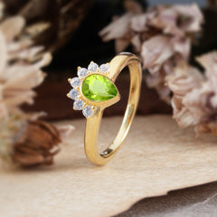 Unique Pear Cut Halo Peridot Engagement Ring Bezel Cluster Ring