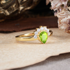 Unique Pear Cut Halo Peridot Engagement Ring Bezel Cluster Ring