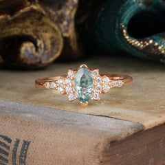 Marquise Cut Vintage Moss Agate Engagement Ring Wedding Ring
